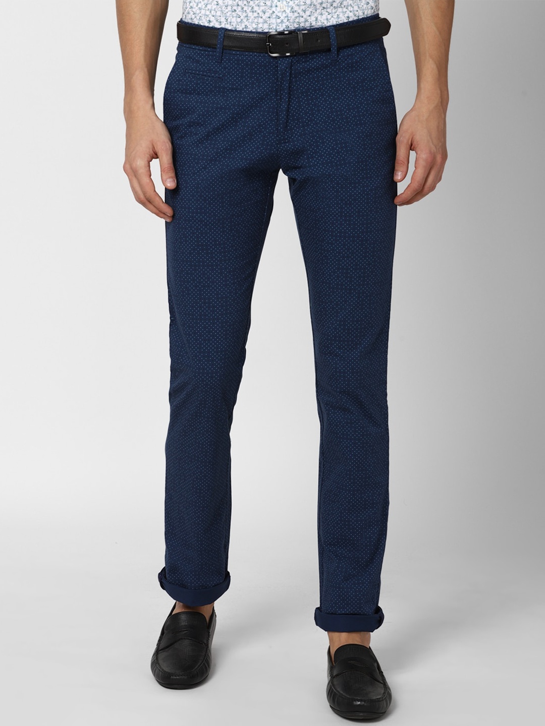 

V Dot Men Navy Blue Textured Slim Fit Trousers