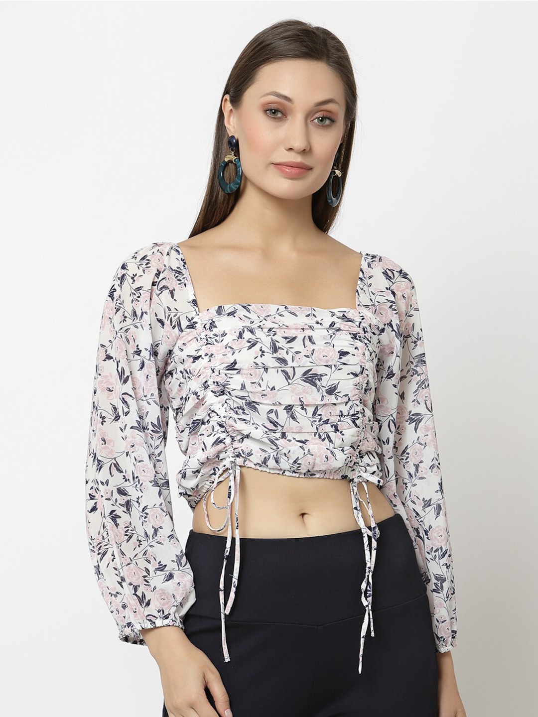 

Gipsy White & Pink Floral Print Georgette Ruched Crop Top