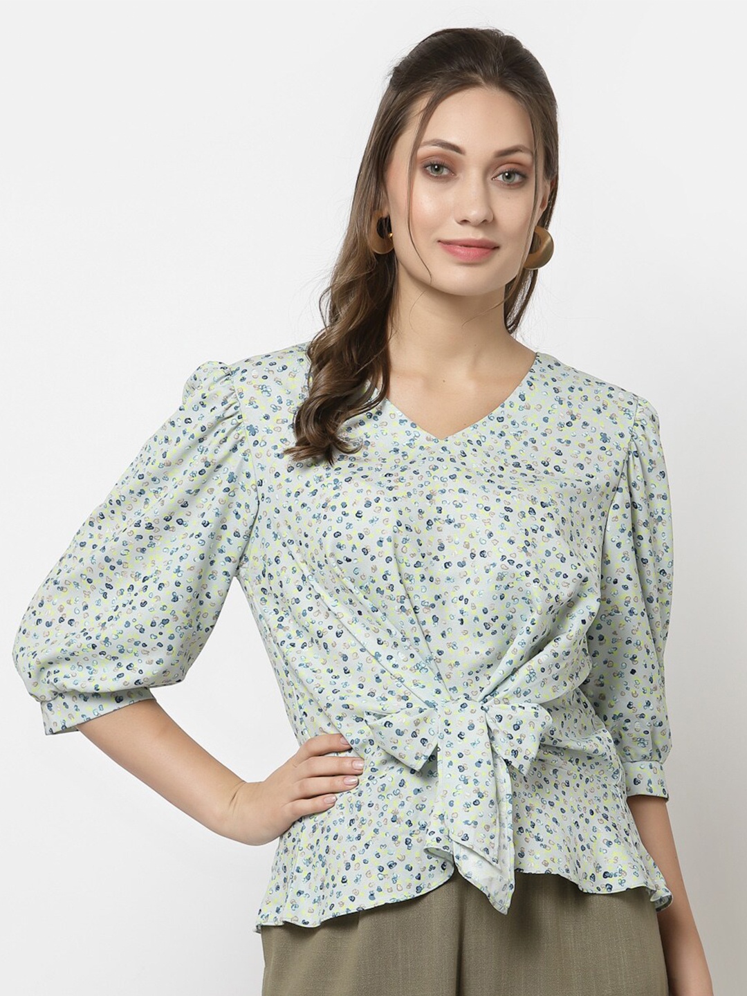 

Gipsy Women Green Print Cinched Waist Top