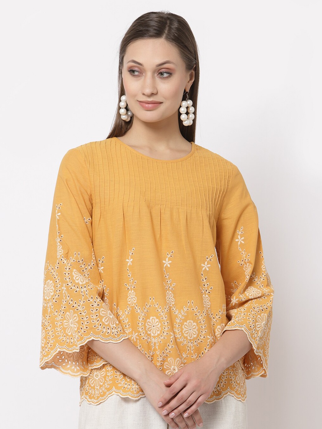 

Gipsy Mustard Yellow Embroidered Flared Sleeves Cotton Top