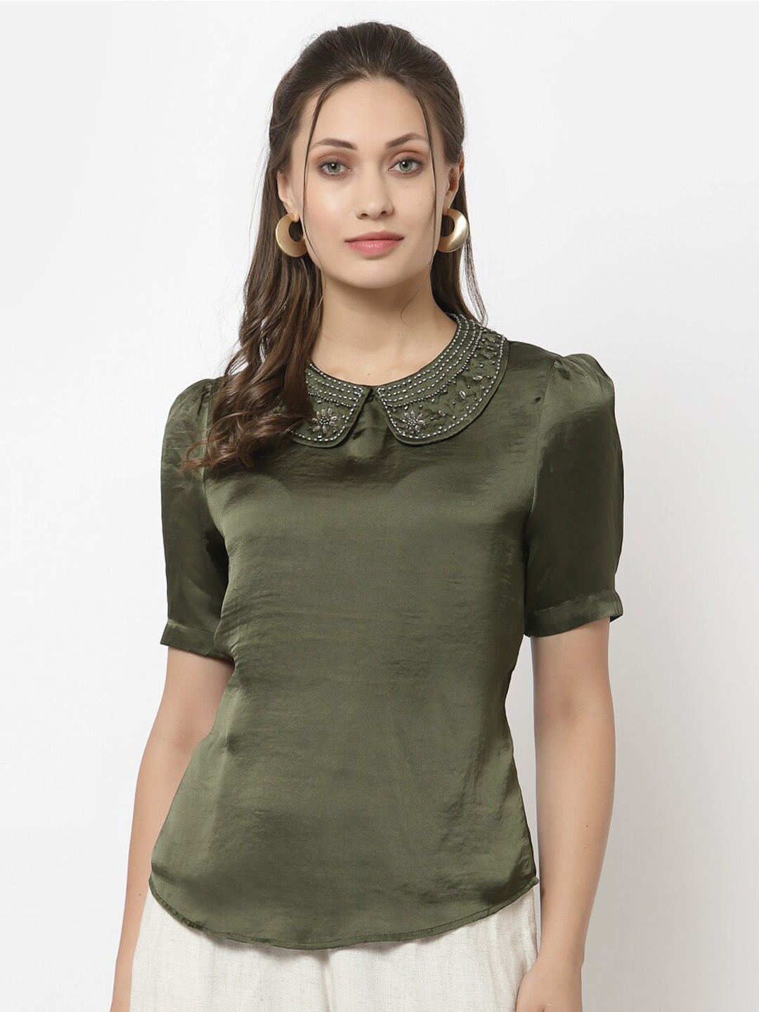 

Gipsy Women Olive Green Embellished Peter Pan Collar Satin Top