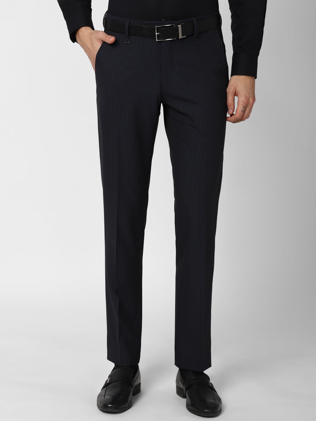 

Van Heusen Men Black Striped Slim Fit Formal Trousers