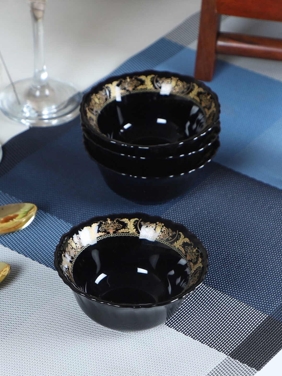 

ceradeco Black & Gold-Toned 6 Pieces Printed Glass Glossy Bowls