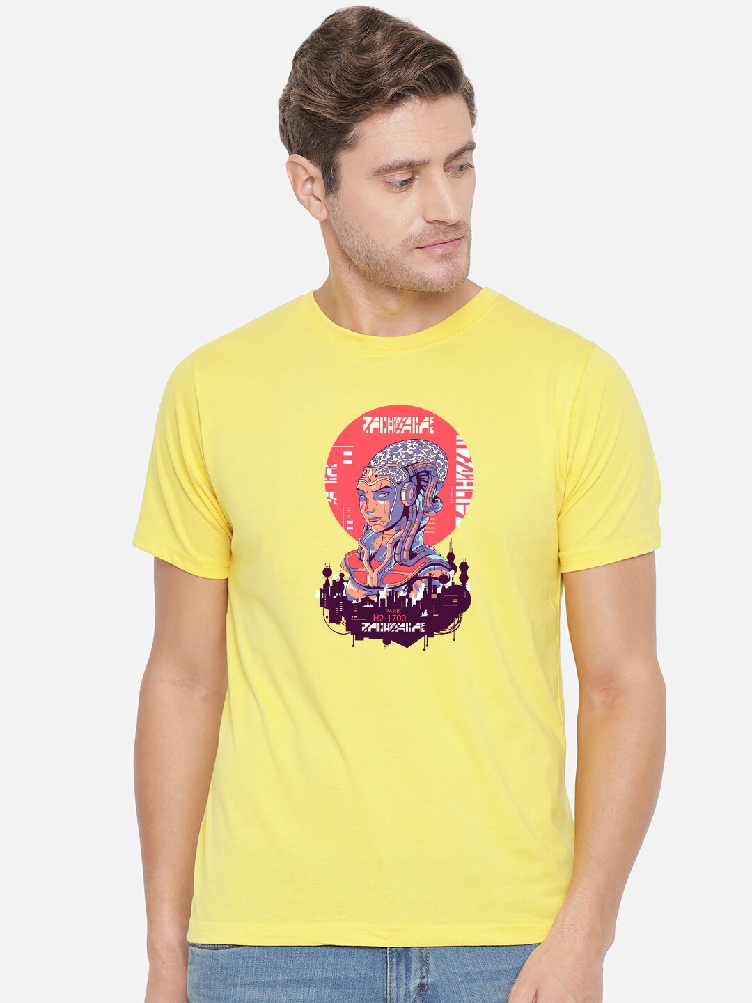 

FFLIRTYGO Men Yellow Printed Raw Edge T-shirt