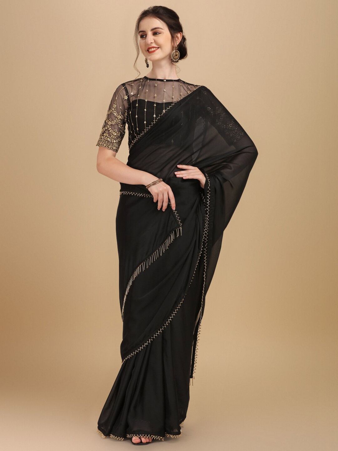 

Sangria Black Embroidered Silk Blend Saree