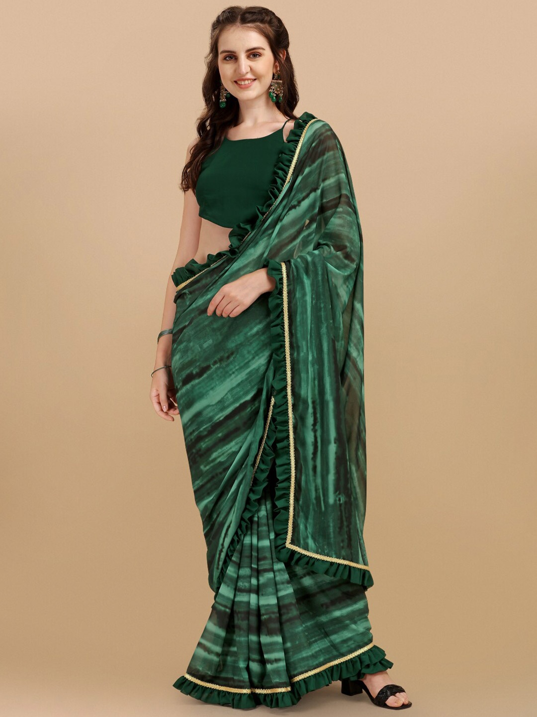 

Sangria Bottle Green & Black Printed Tie & Dye Ruffle Saree