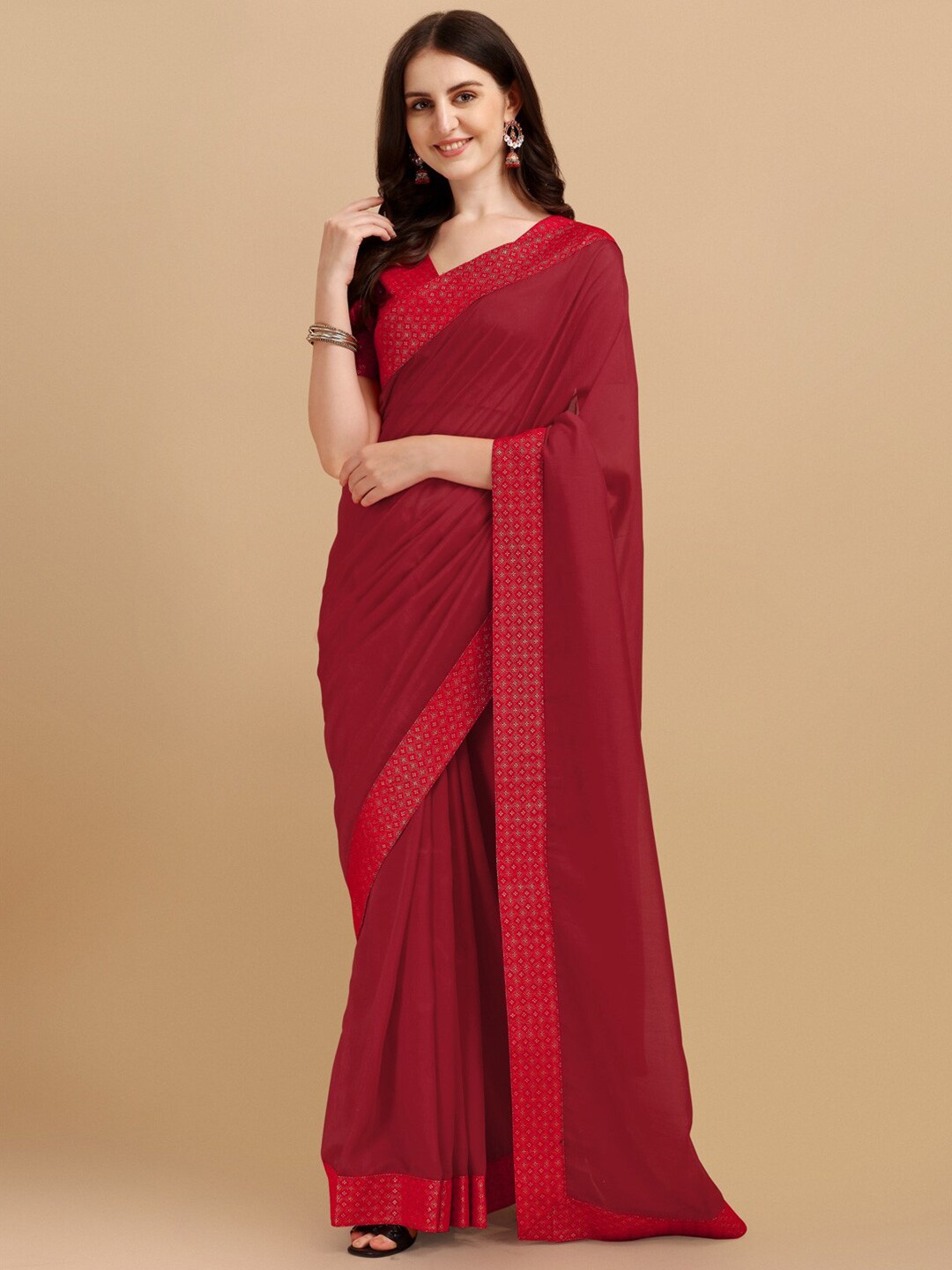 

Sangria Red Woven Design Silk Bend Saree, Maroon