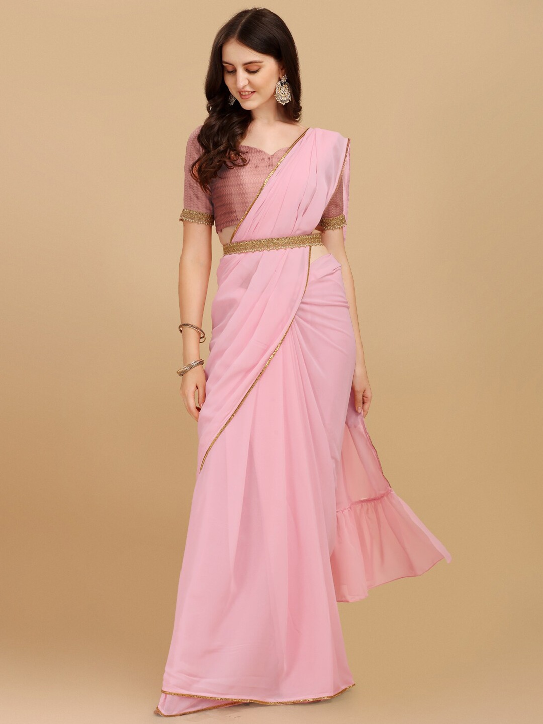 

Sangria Baby Pink Woven Design Georgette Saree & Embellished Belt