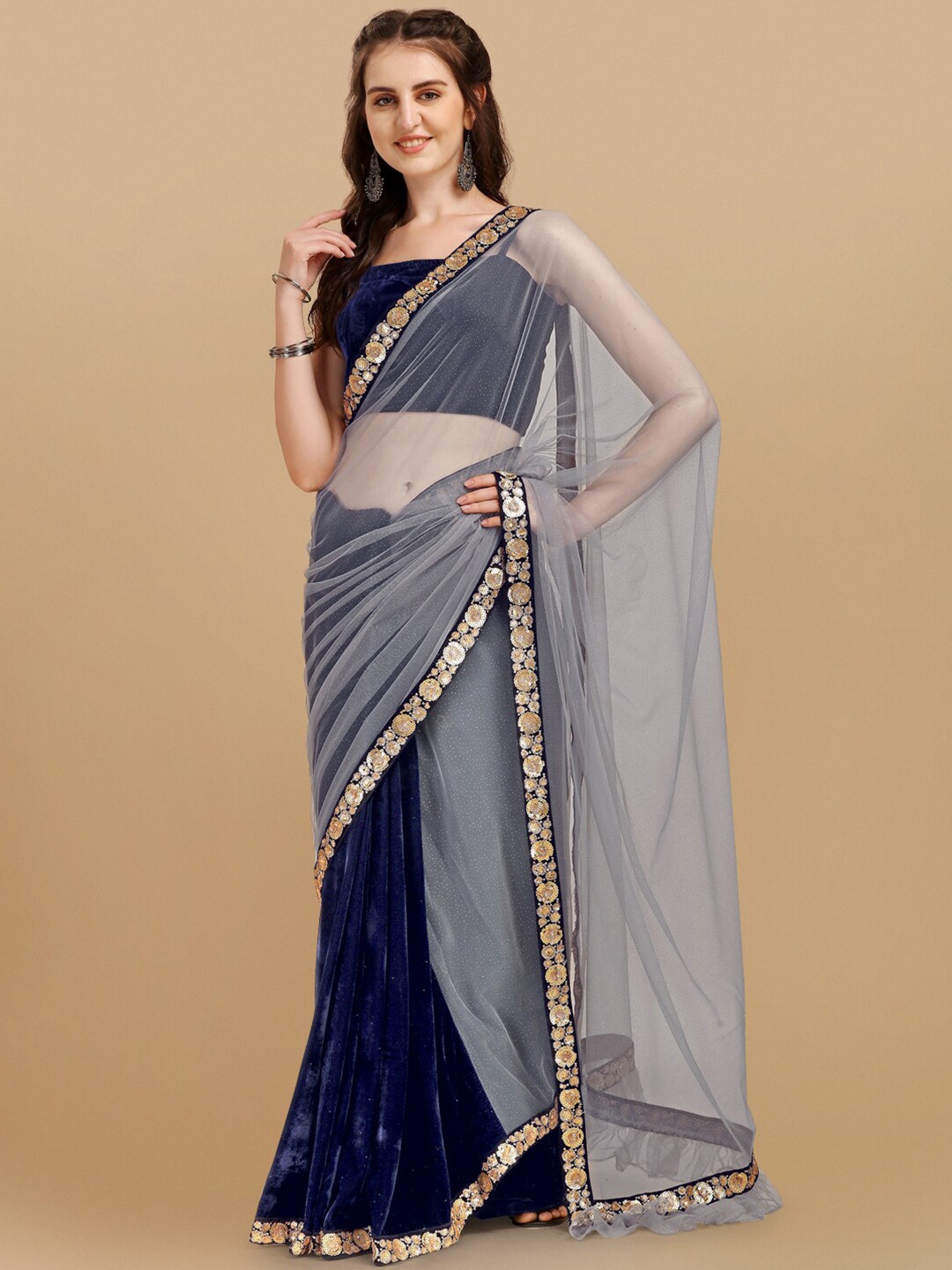

Sangria Navy Blue & Grey Embroidered Velvet Saree