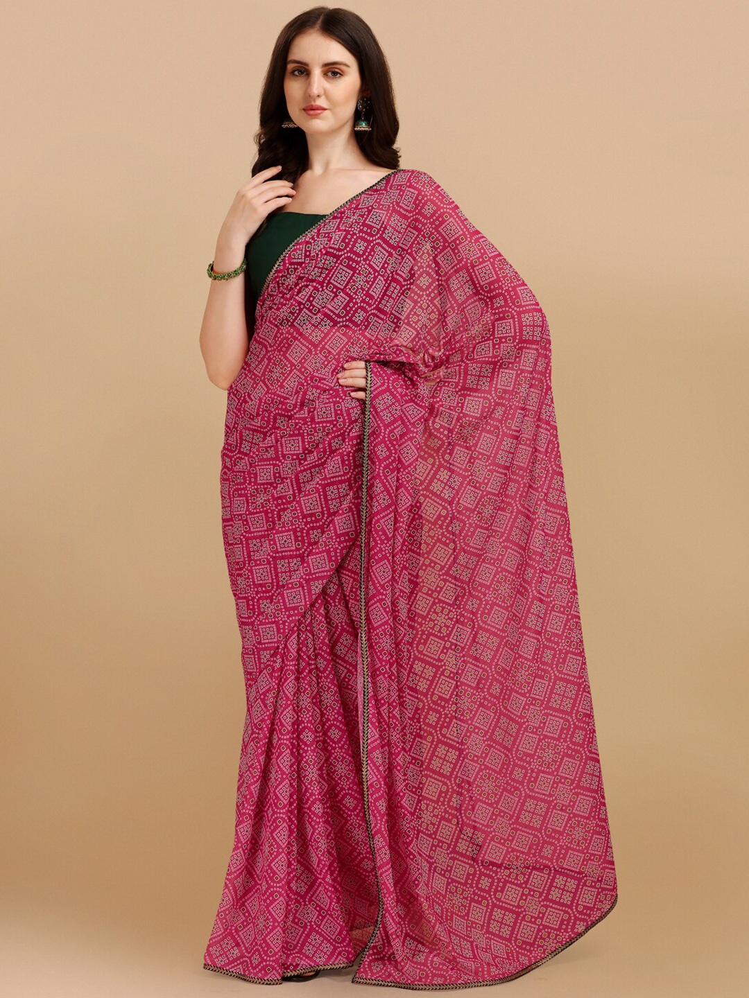 

Sangria Pink & Bottle Green Printed Bandhani Saree