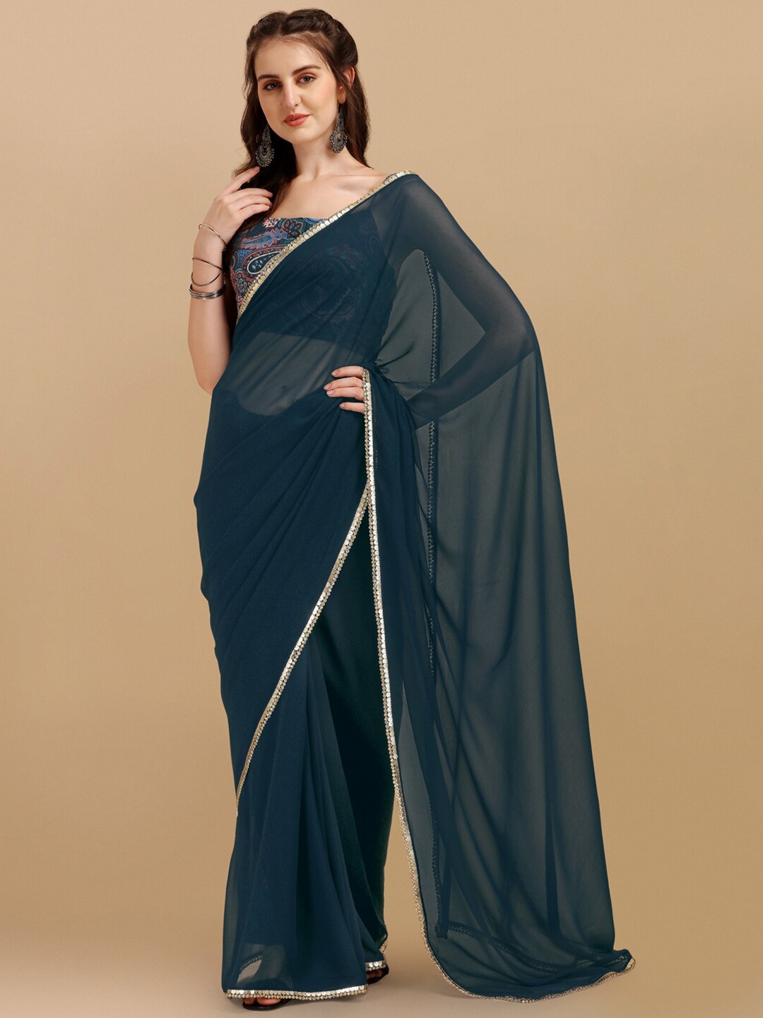 

Sangria Navy Blue Ethnic Motifs Printed Georgette Saree
