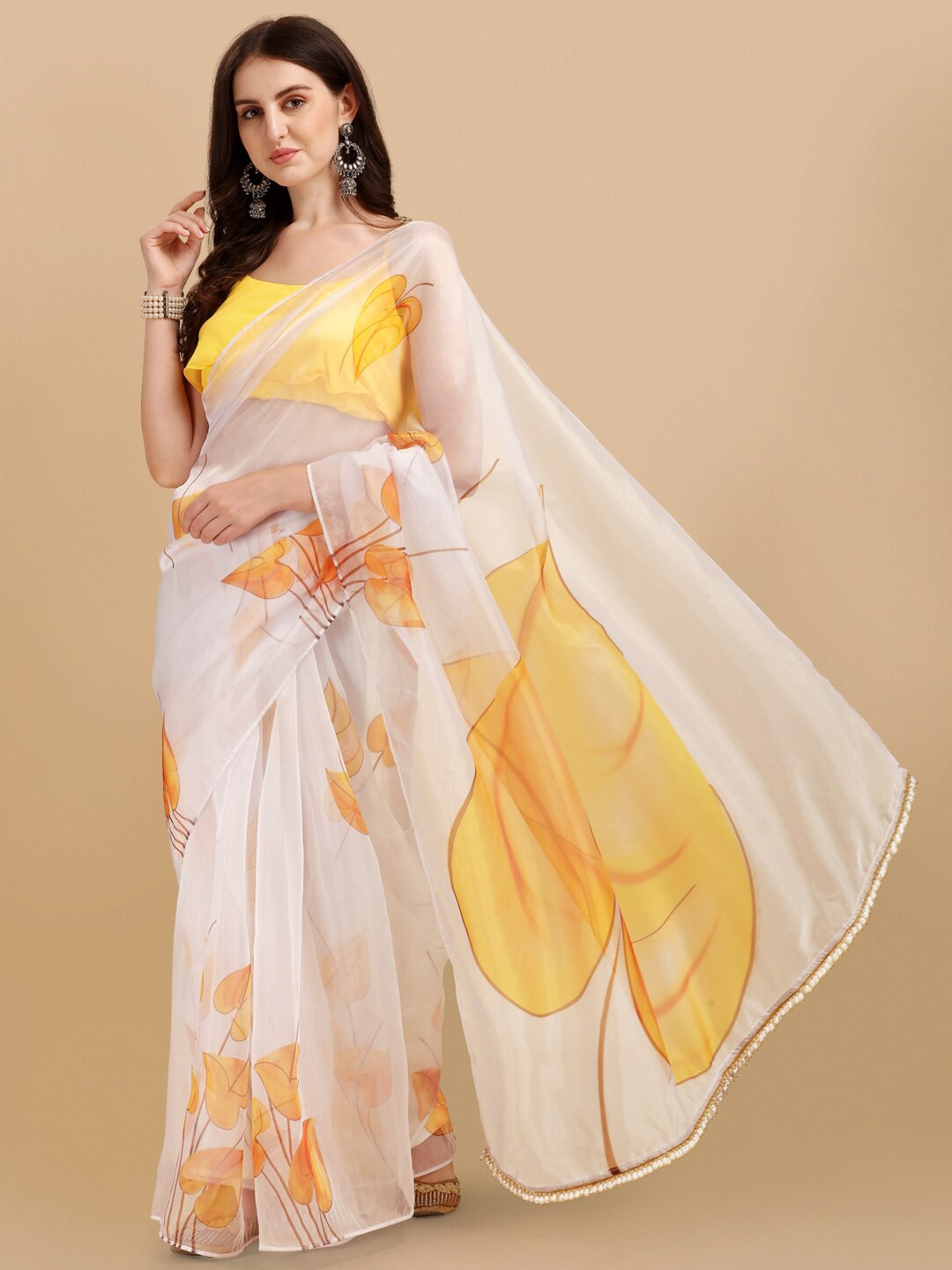 

Sangria Off White & Mustard Printed Organza Saree