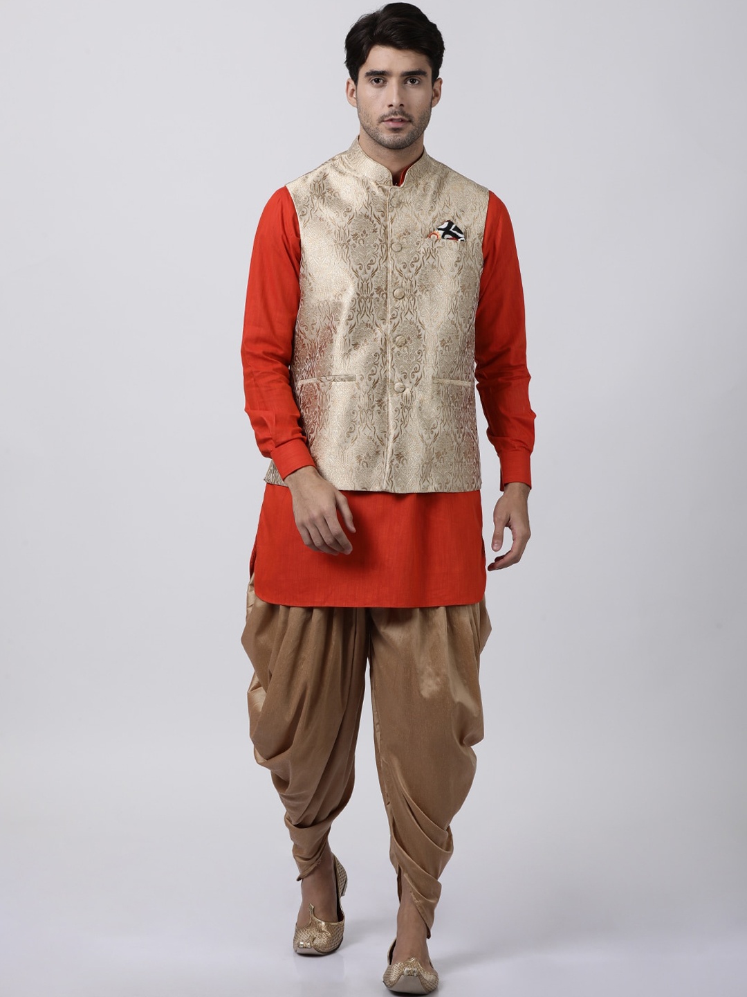 

VASTRAMAY Men Red Kurta with Dhoti Pant With Nehru jacket