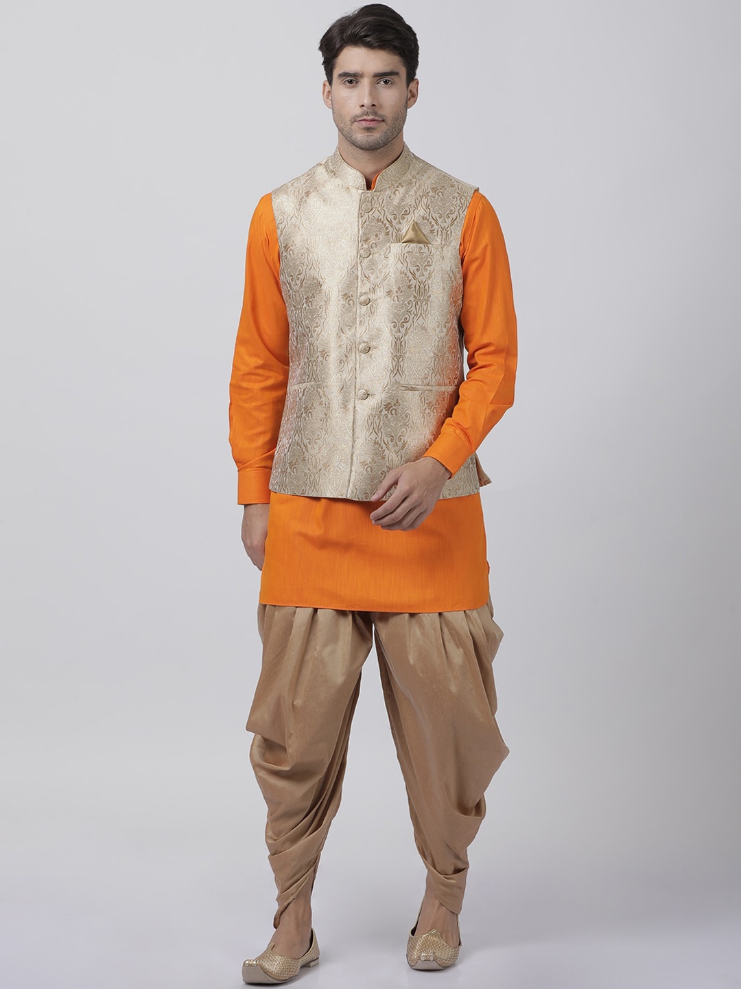 

VASTRAMAY Men Orange Solid Kurta with Dhoti Pants and Nehru Jacket