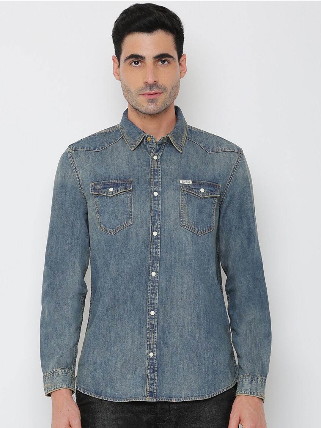 

GUESS Men Navy Blue Standard Faded Denim Casual Shirt