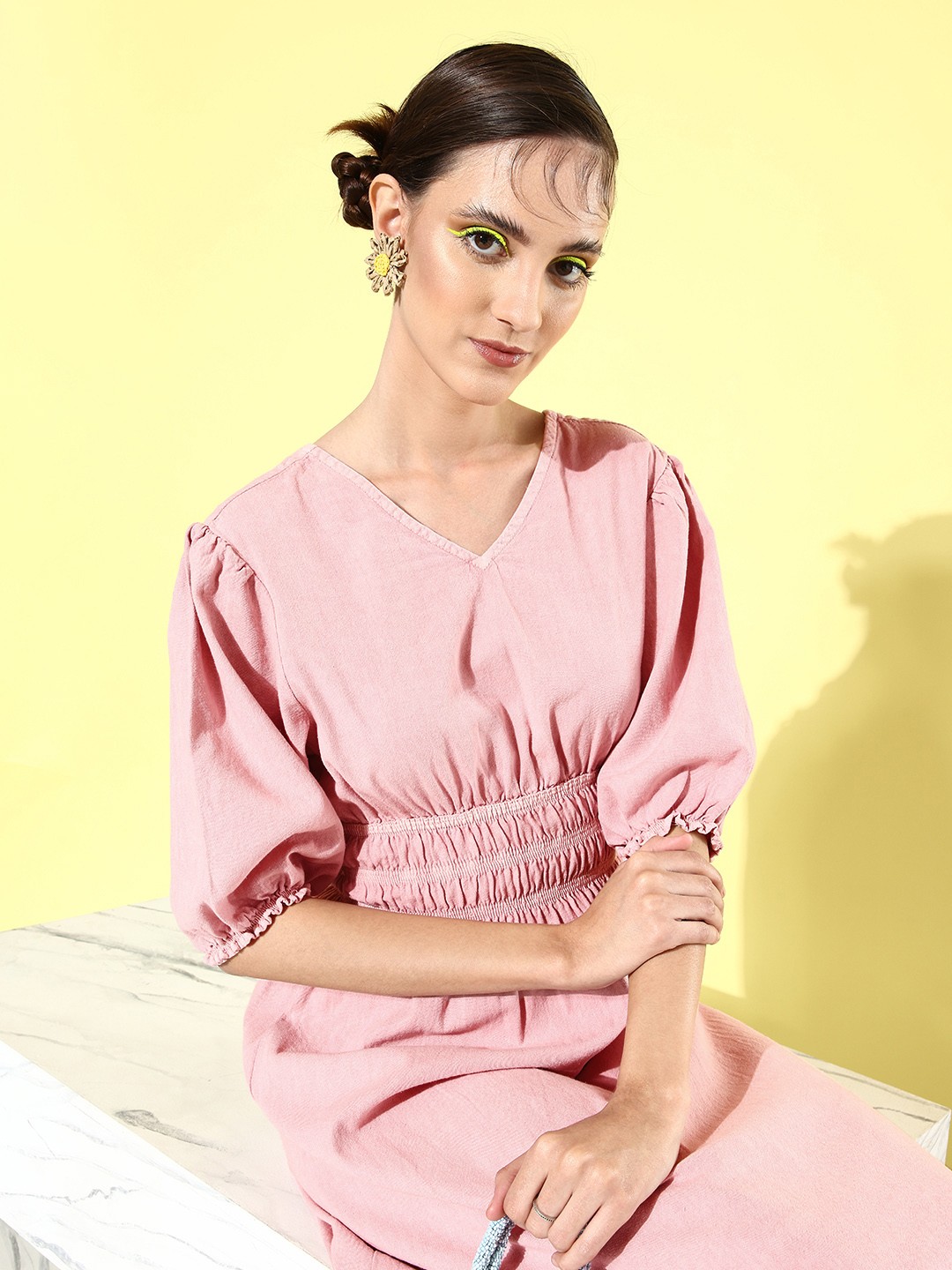 

Roadster Rose Smocked Pure Cotton Empire Midi Dress