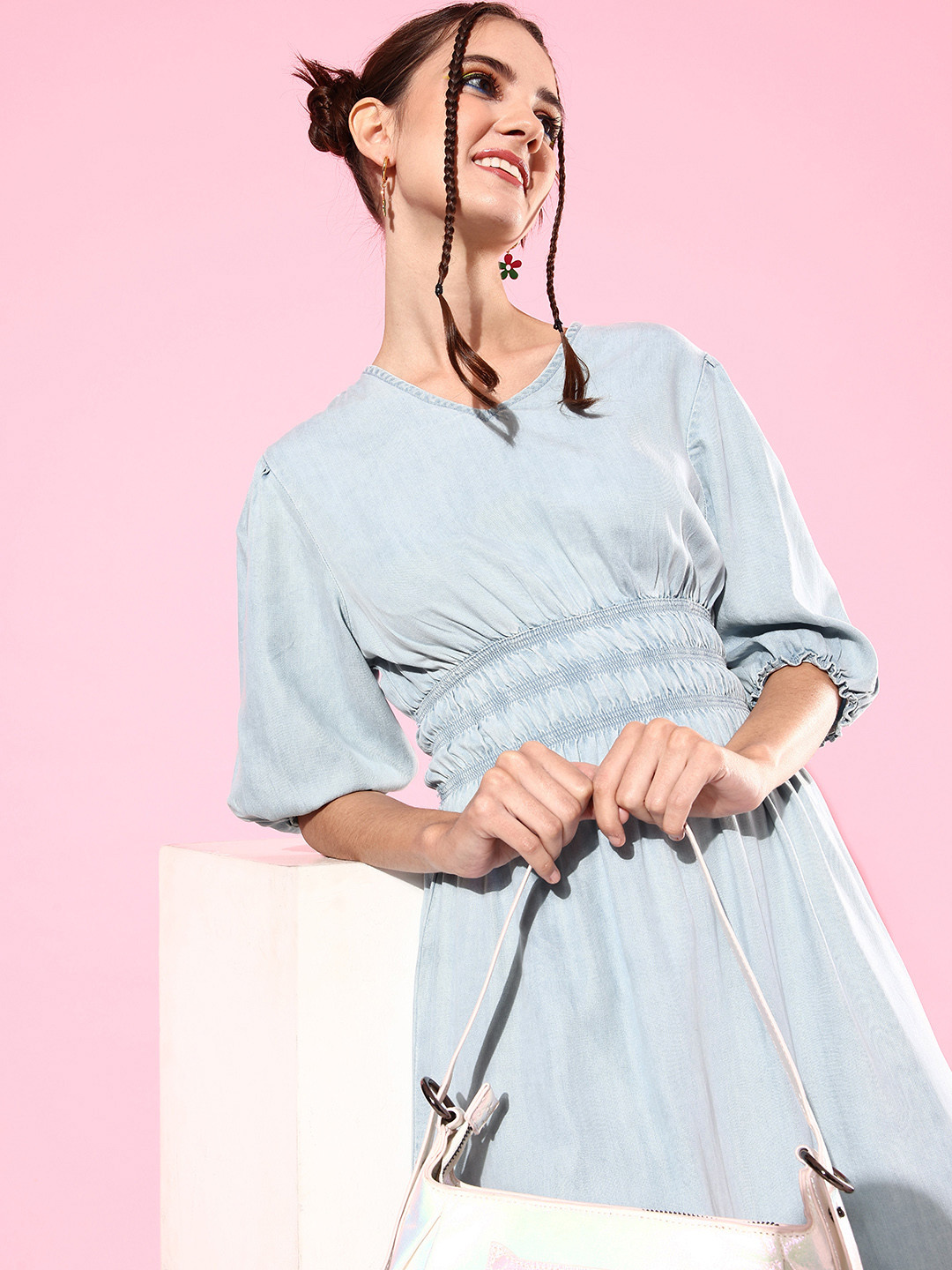 

The Roadster Lifestyle Co. Blue Washed Puffed Sleeves Knee Length Fit & Flare Dress