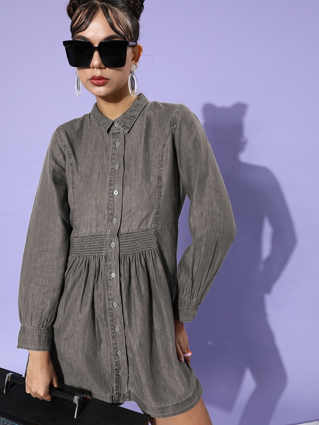

The Roadster Lifestyle Co. Women Grey Solid Ruched Shirt Dress