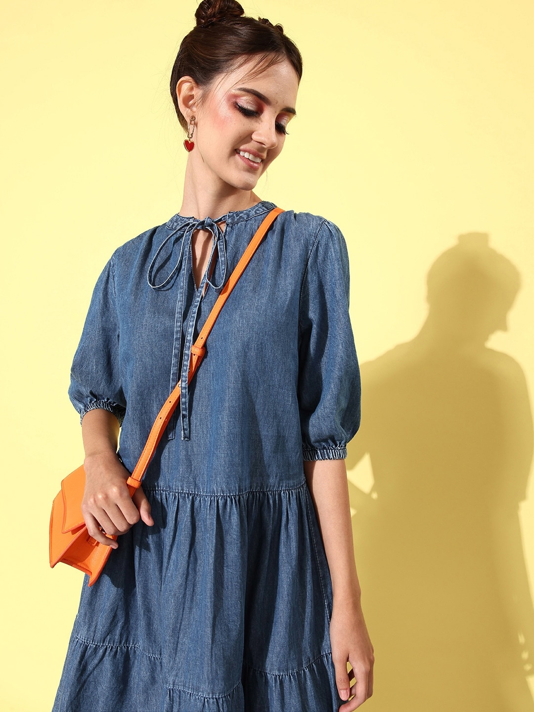 

The Roadster Life Co. Women Navy Blue Solid Tie-Up Neck A-Line Pure Cotton Tiered Dress
