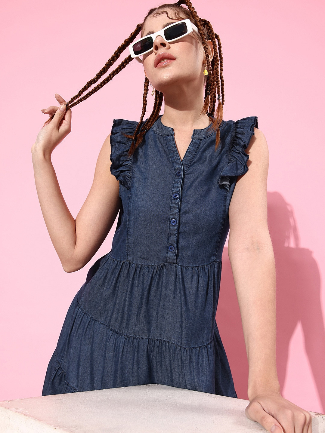 

The Roadster Life Co. Chambray Tiered Dress With Ruffles, Navy blue