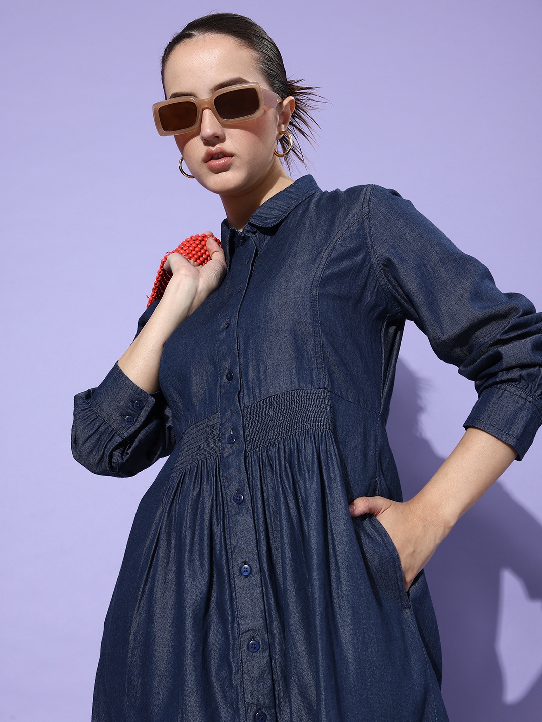 

The Roadster Lifestyle Co Blue Solid Shirt Dress With Ruched Detail