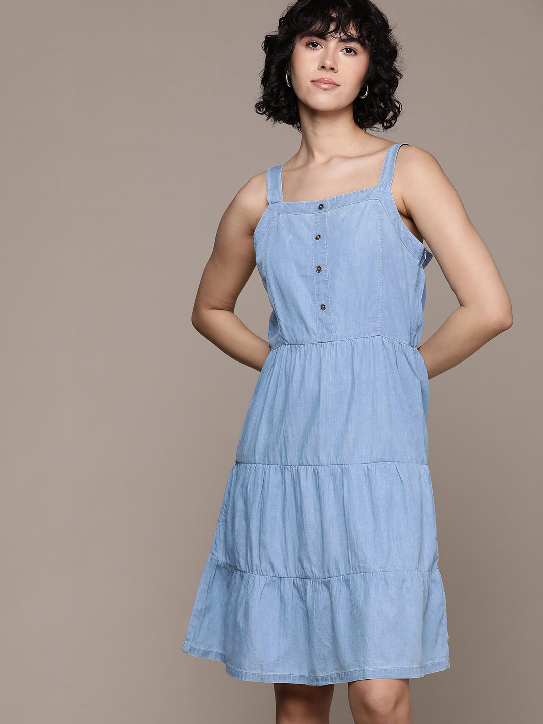 

The Roadster Lifestyle Co. Pure Cotton Tiered Denim A-Line Dress, Blue