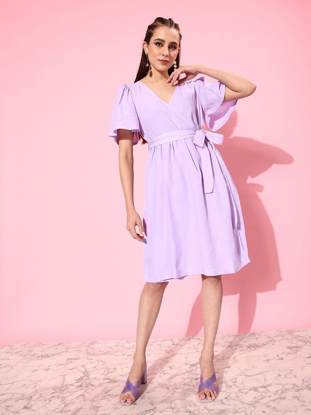 

The Roadster Lifestyle Co. Pure Cotton Flared Sleeves Wrap Dress With Gathered Detail, Lavender