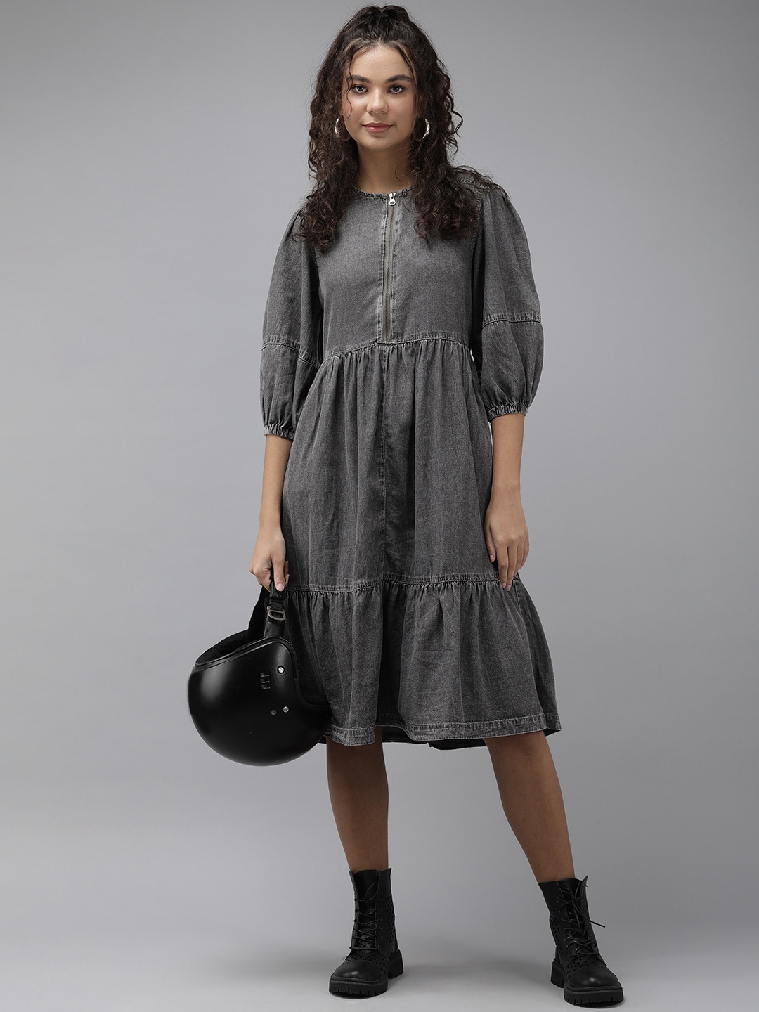 

Roadster Charcoal Grey Washed Puff Sleeves Pure Cotton Denim Tiered Midi Dress