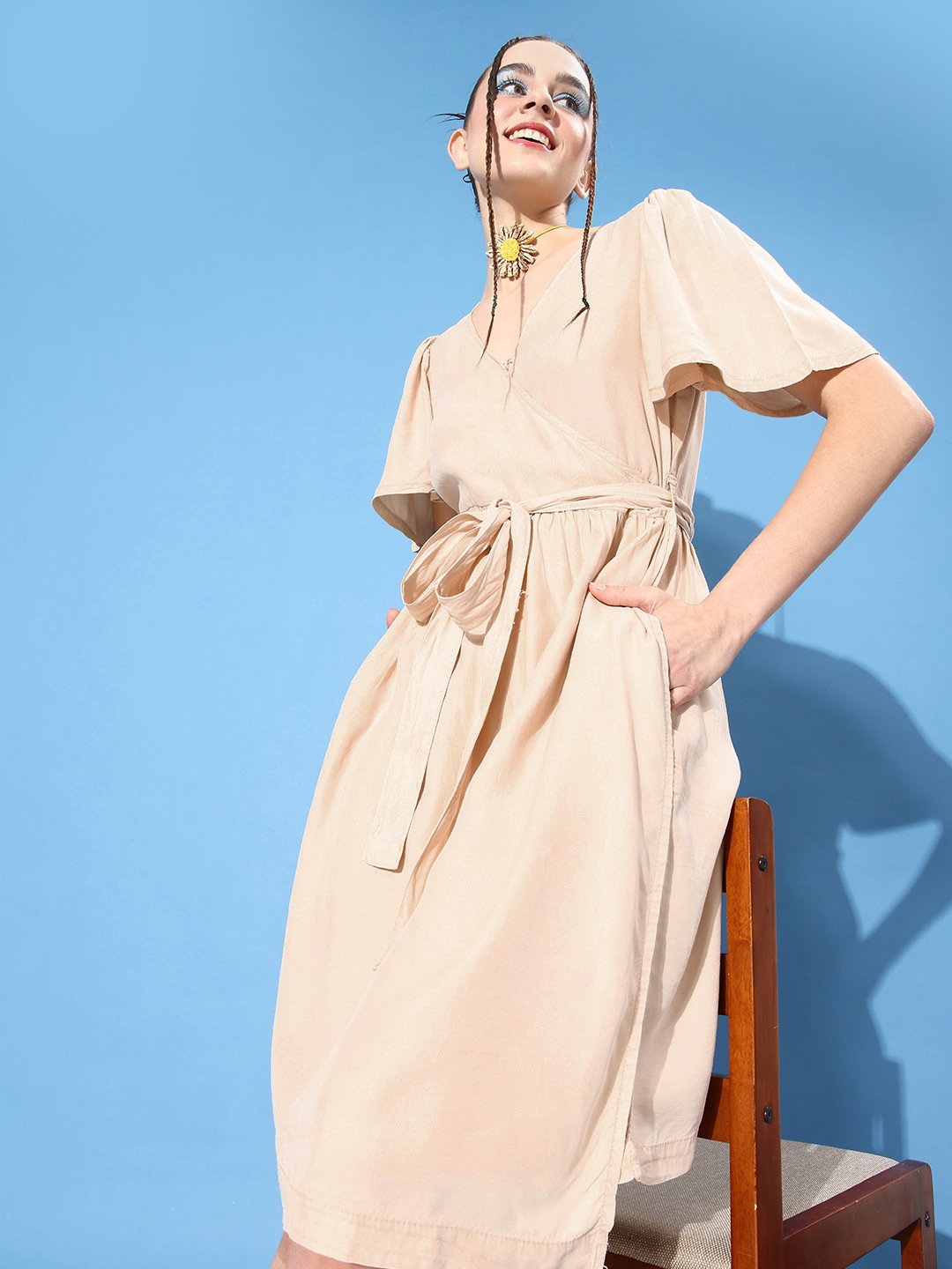 

The Roadster Life Co. Earthy Beige College Cool Wrap It Up Belted Pure Cotton Dress