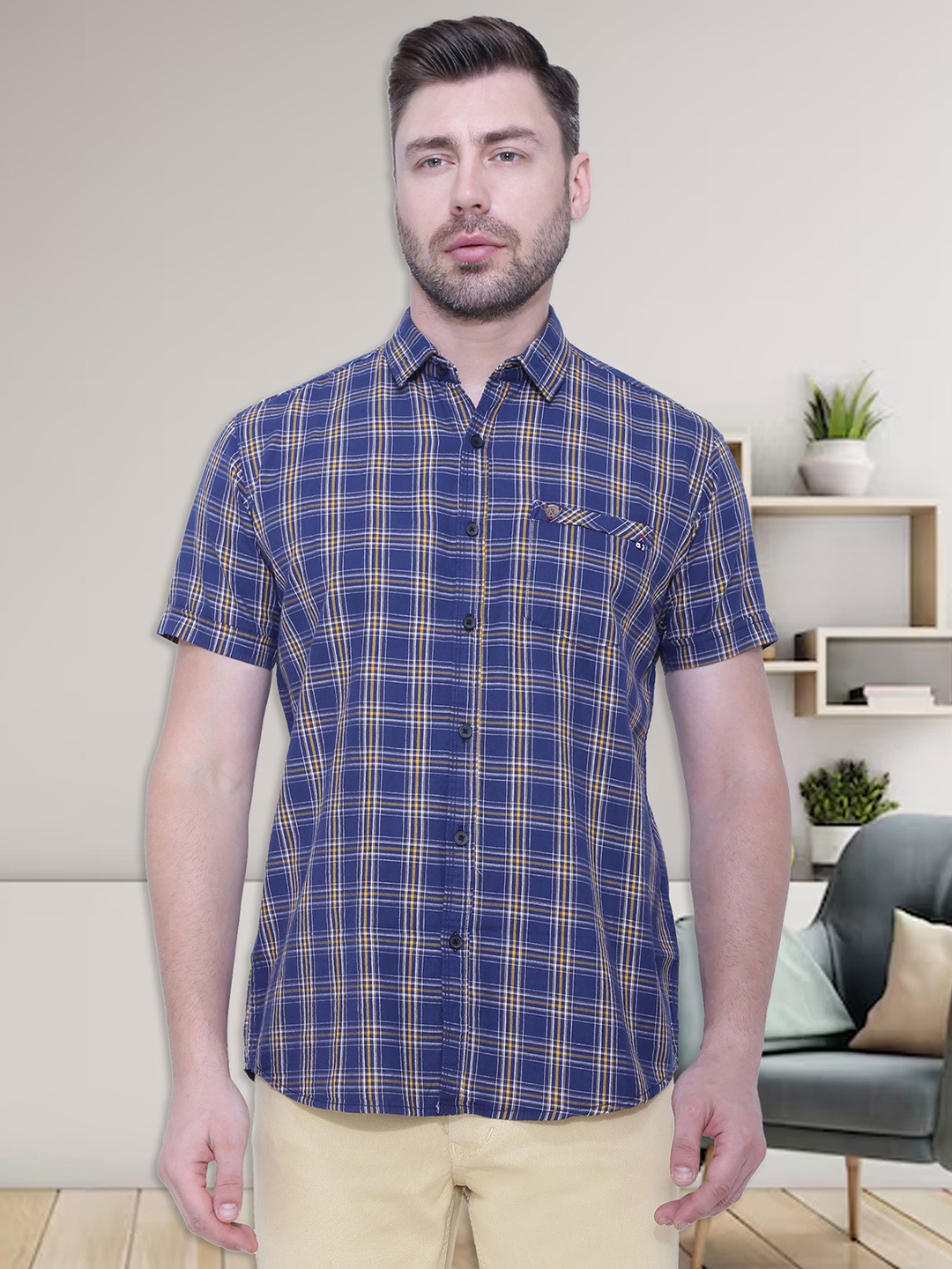 

Kuons Avenue Men Blue & Yellow Smart Slim Fit Checked Casual Shirt