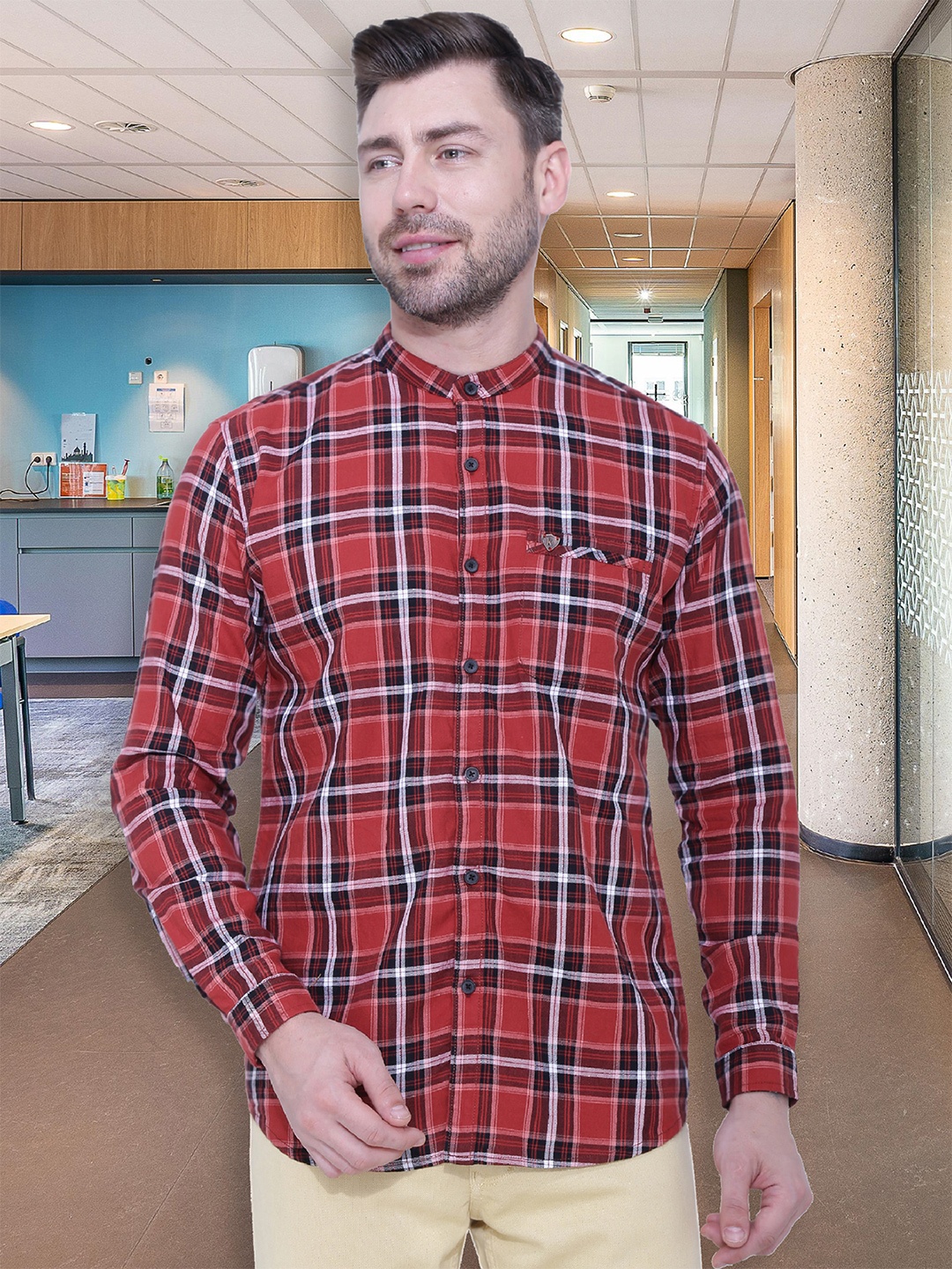 

Kuons Avenue Men Red Smart Slim Fit Tartan Checks Checked Casual Shirt