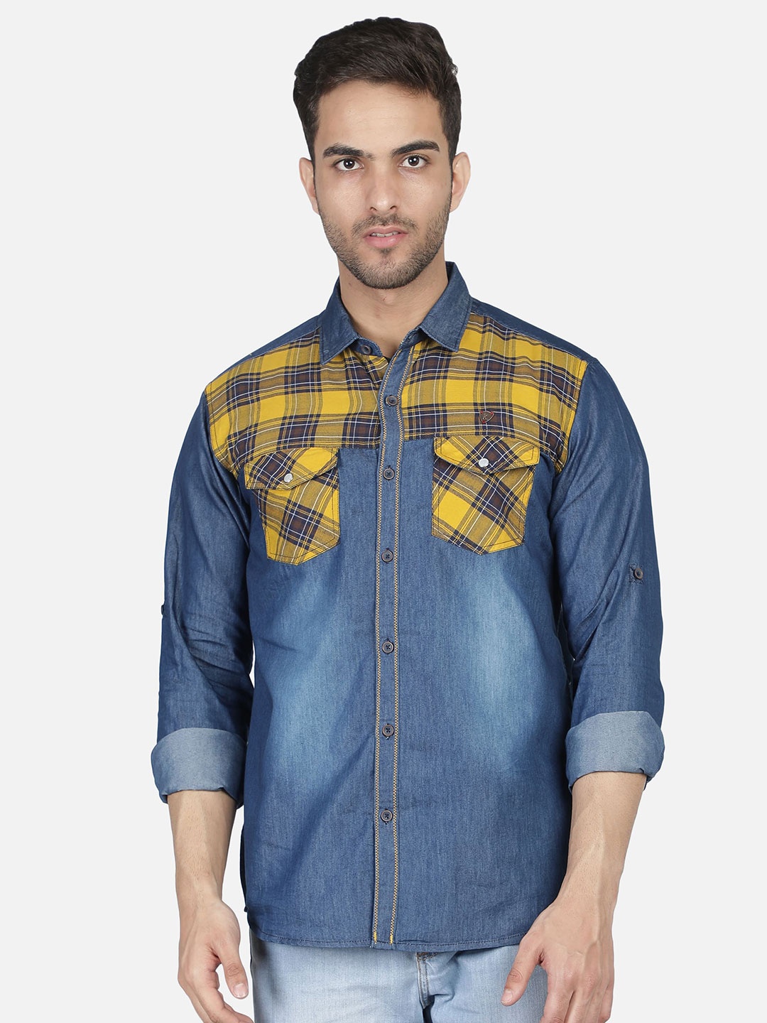 

Kuons Avenue Men Yellow & Blue Smart Slim Fit Checked Cotton Denim Casual Shirt