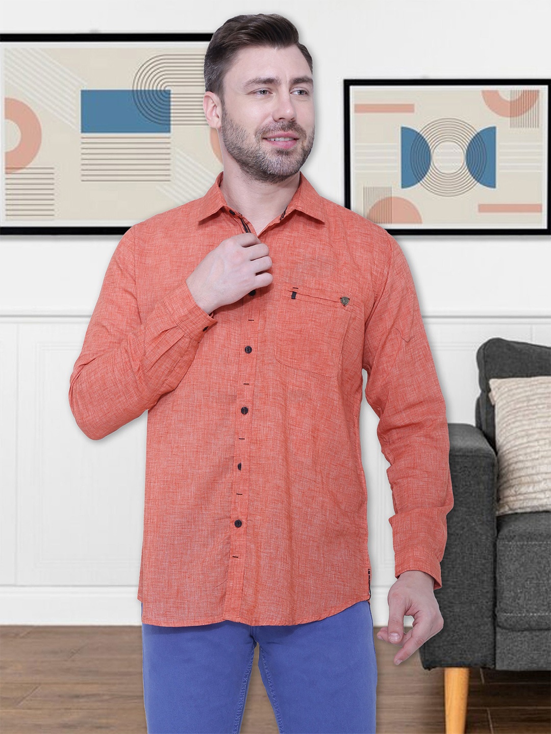 

Kuons Avenue Men Orange Smart Slim Fit Cotton Linen Casual Shirt