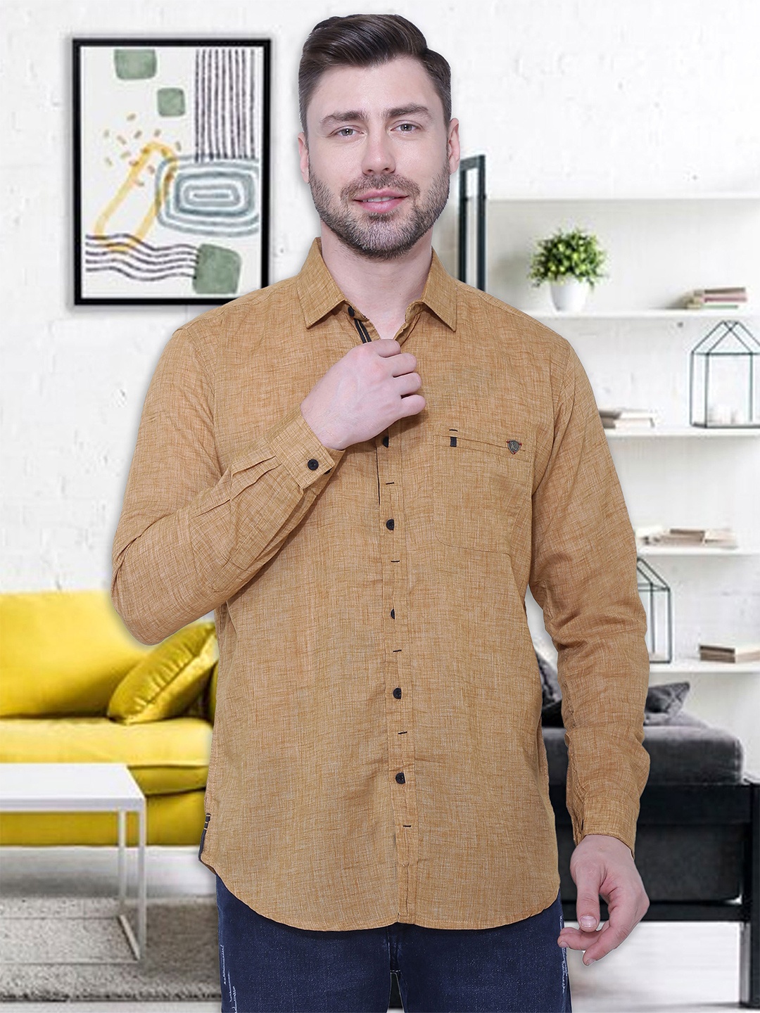 

Kuons Avenue Men Khaki Linen Cotton Smart Slim Fit Casual Shirt