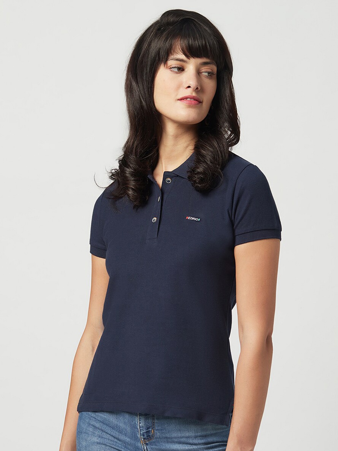 

EDRIO Women Navy Blue Polo Collar Organic Cotton T-shirt