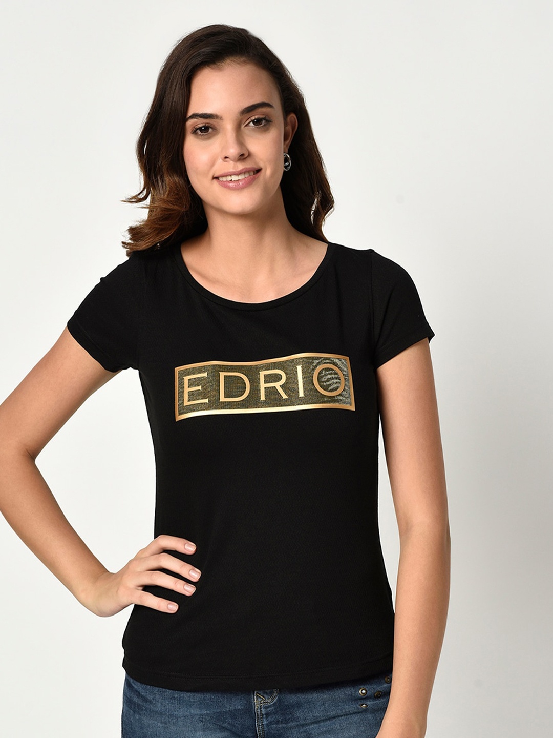 

EDRIO Women Black Typography Printed Cotton T-shirt
