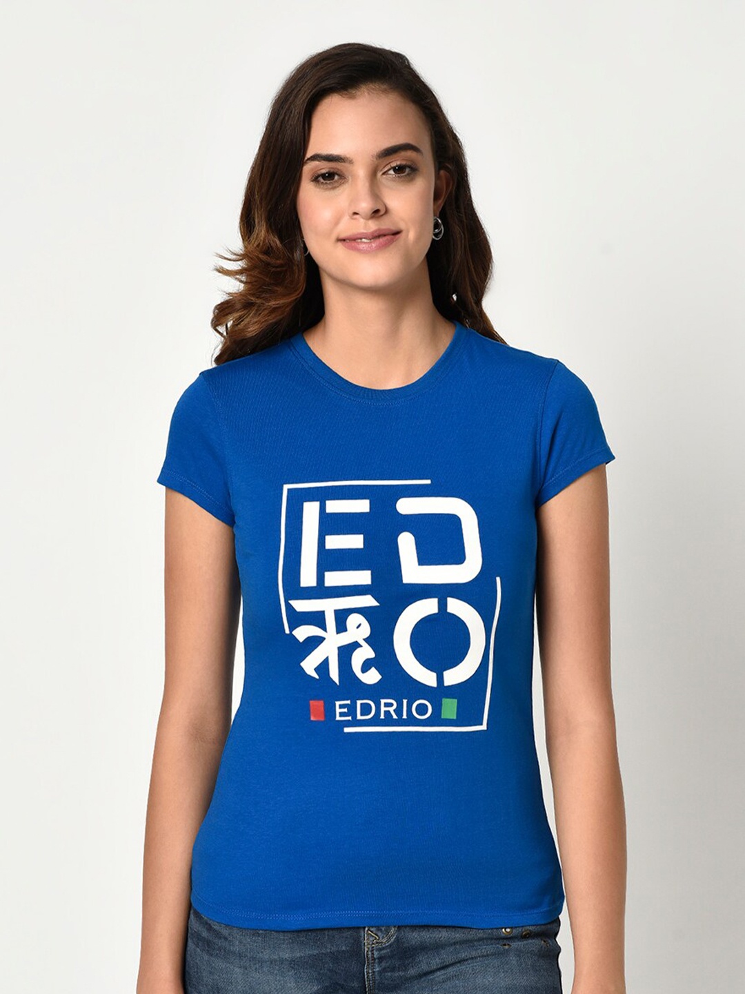 

EDRIO Women Blue & White Typography Printed Pure Cotton T-shirt