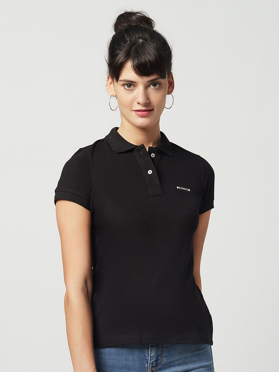 

EDRIO Women Black Classic Polo Collar T-shirt