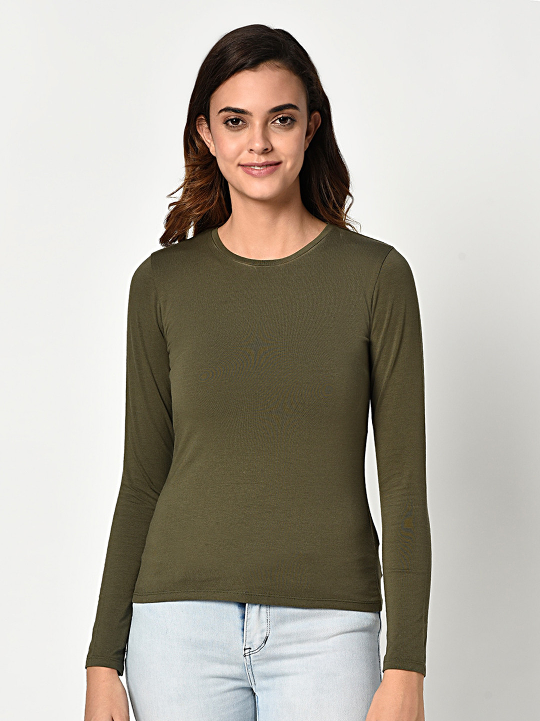 

EDRIO Women Olive Green Pure Cotton T-shirt