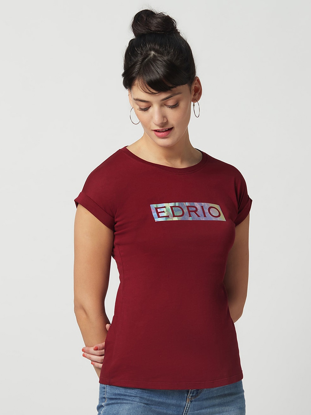 

EDRIO Women Maroon Typography Printed Pure Cotton T-shirt