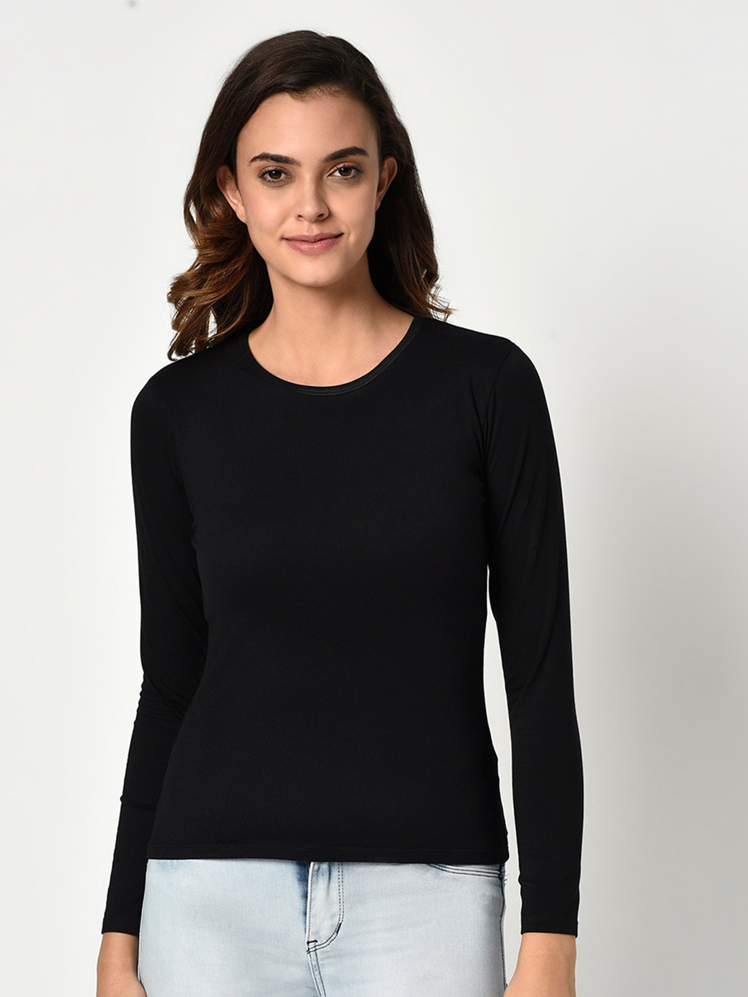 

EDRIO Women Black Solid Pure Cotton T-shirt