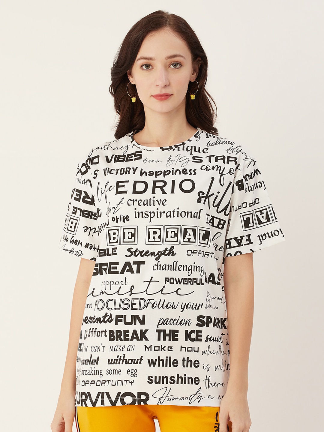 

EDRIO Women White Typography Printed Pure Cotton T-shirt