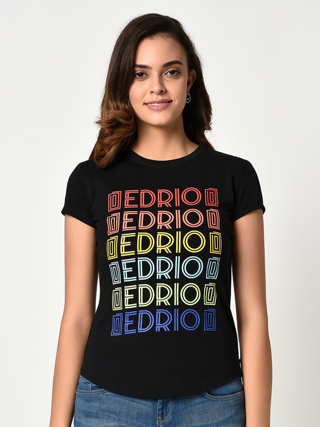 

EDRIO Women Black Typography Printed Cotton T-shirt