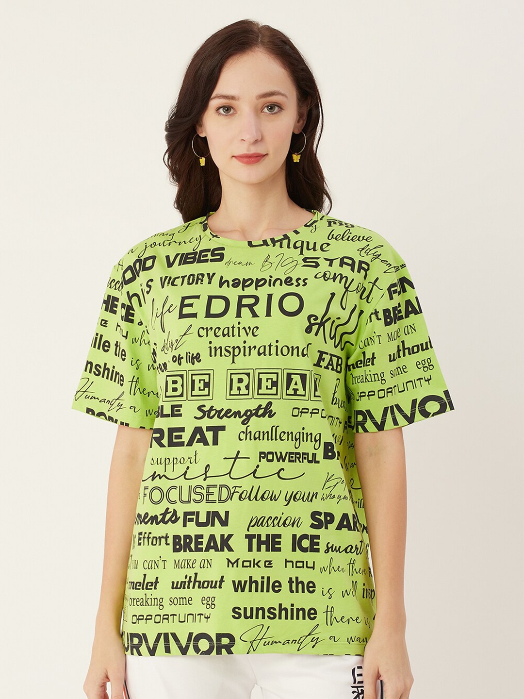 

EDRIO Women Green & Black Typography Printed Pure Cotton T-shirt