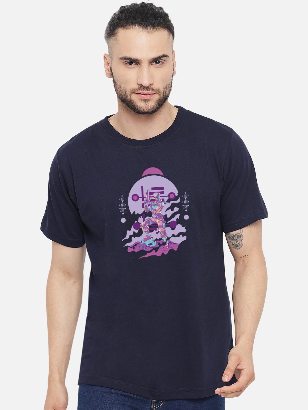 

FFLIRTYGO Men Navy Blue & Purple Printed T-shirt