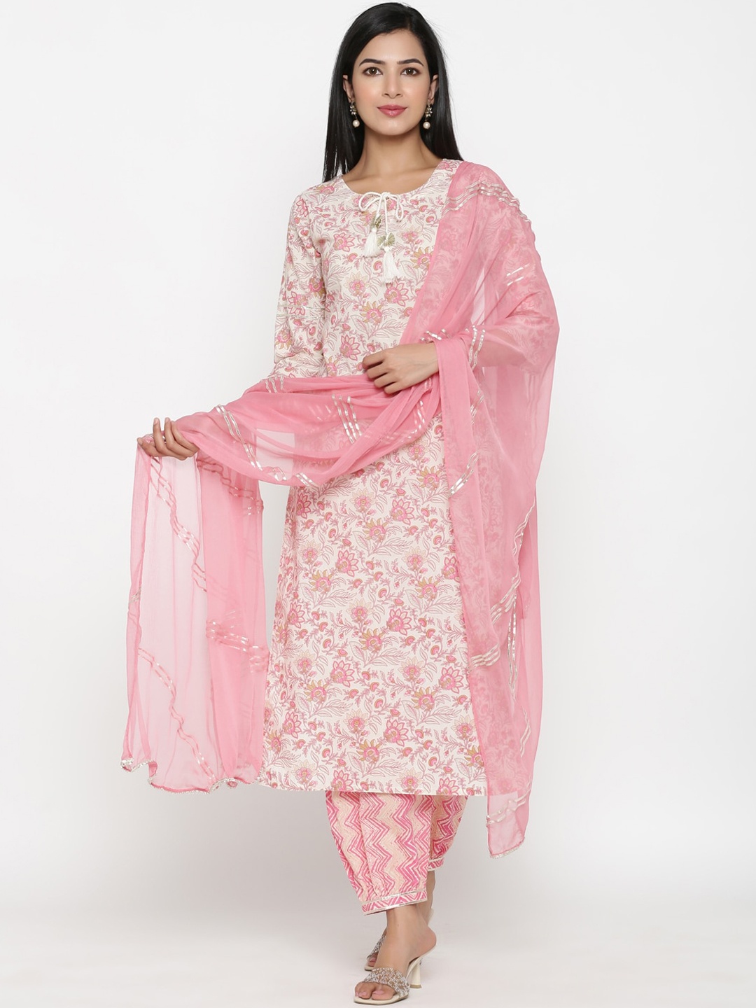 

PINKVILLE JAIPUR Women Off White Floral Embroidered Pure Cotton Kurti with Salwar & With Dupatta
