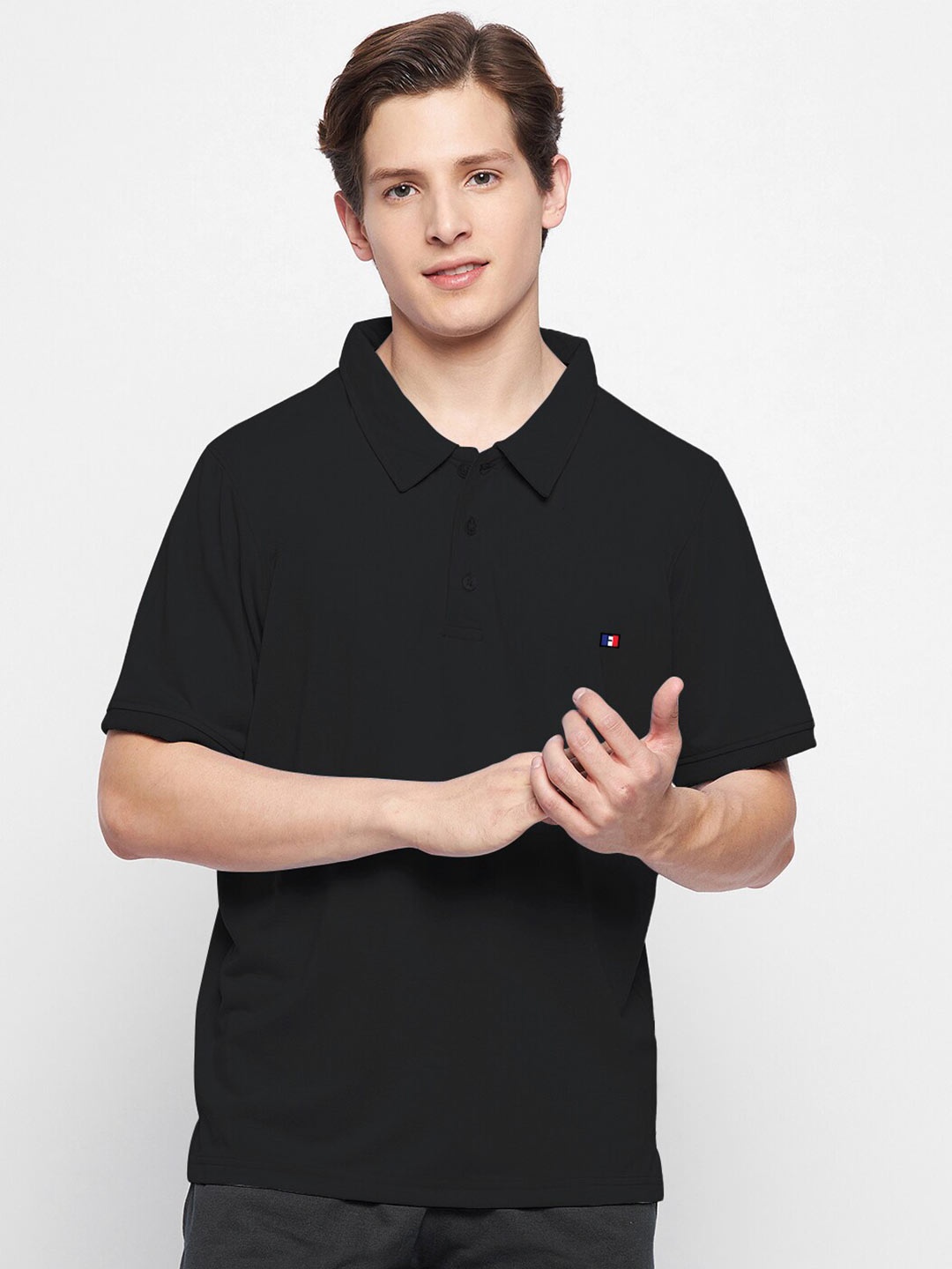 

FRENCH FLEXIOUS Men Black Polo Collar T-shirt