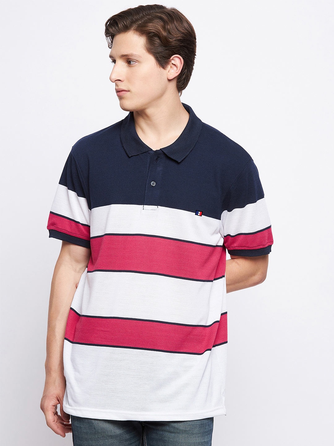 

FRENCH FLEXIOUS Men White & Pink Striped Cotton Polo Collar T-shirt