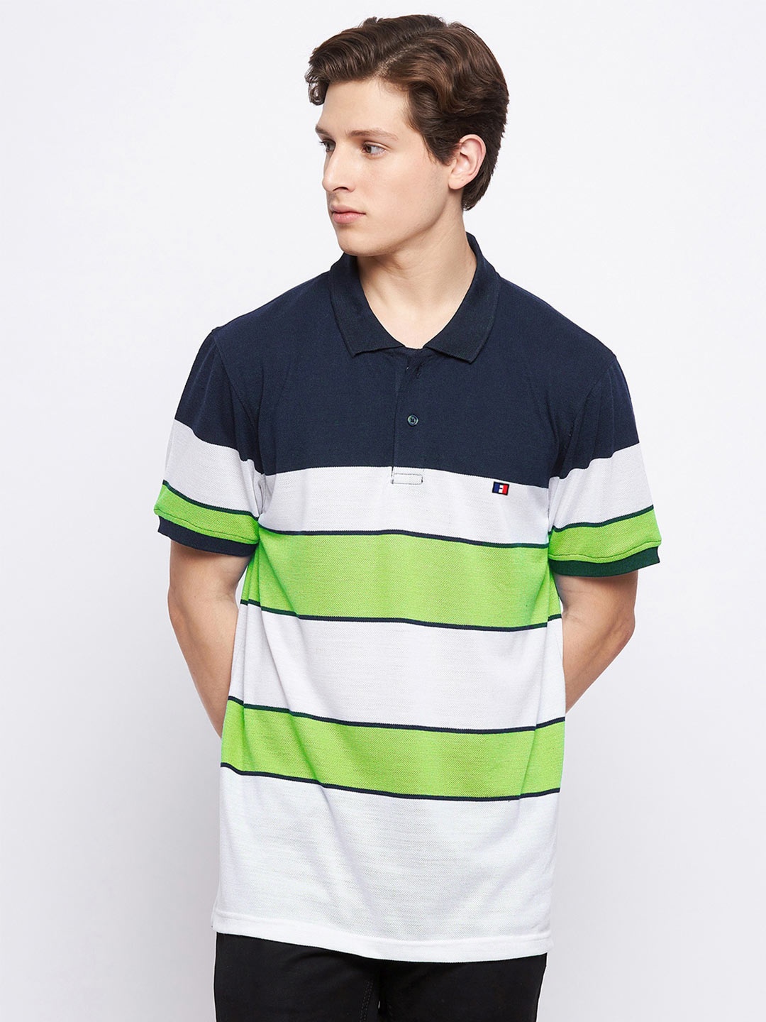 

FRENCH FLEXIOUS Men Multicoloured Striped Polo Collar T-shirt, Multi