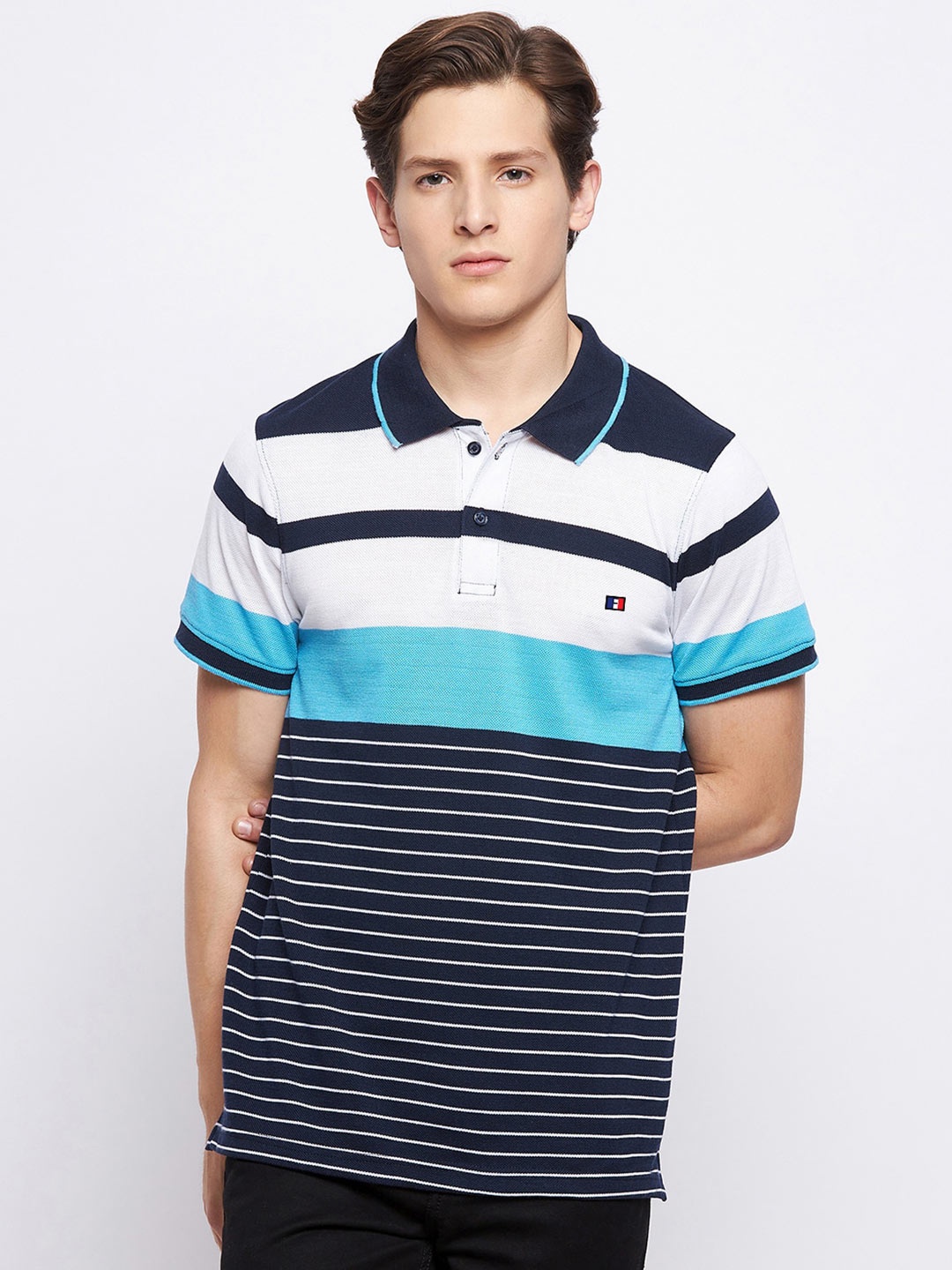 

FRENCH FLEXIOUS Men Blue & White Striped Polo Collar T-shirt